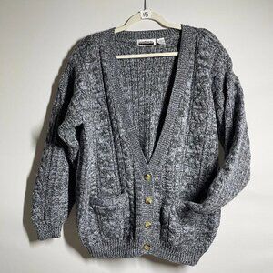 Vintage Contrasts Womens Gray Cable Knit Button Down Cardigan Sweater Size L